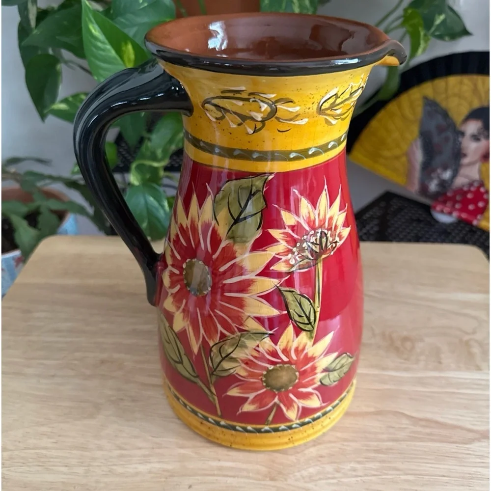 Pier 1 Imports Sunflower Pitcher Hand Painted Terracotta Tuscan Farmhouse